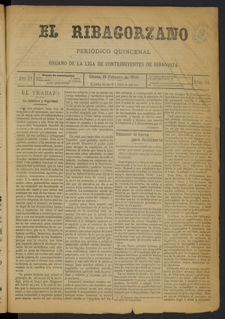 Miniatura de El ribagorzano: periódico quincenal del 15 de febrero de 1906