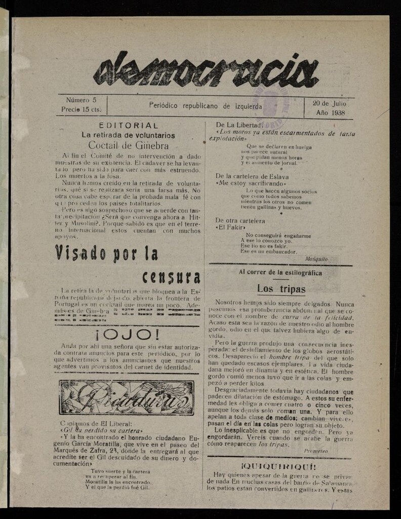 Miniatura de Democracia: periódico republicano de izquierda del 20 de julio de 1938