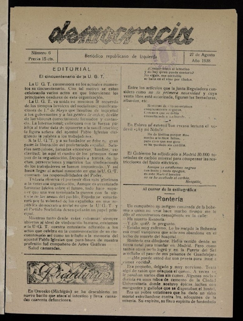 Miniatura de Democracia: periódico republicano de izquierda del 27 de agosto de 1938