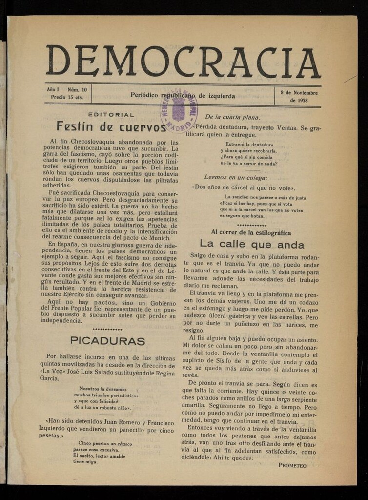 Miniatura de Democracia: periódico republicano de izquierda del 8 de noviembre de 1938