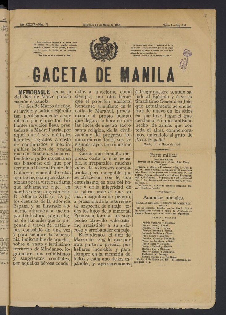 Miniatura de Gaceta de Manila del 11 de marzo de 1896, nº 71