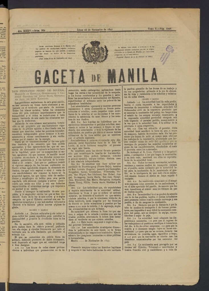 Miniatura de Gaceta de Manila del 22 de noviembre de 1897