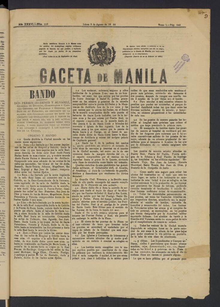 Miniatura de Gaceta de Manila del 8 de agosto de 1898, nº 218
