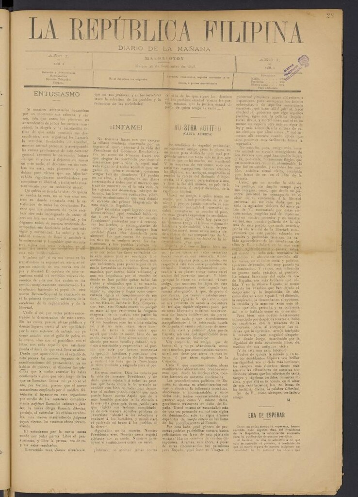 Miniatura de La República Filipina: diario de la mañana del 20 de septiembre de 1898, nº 5