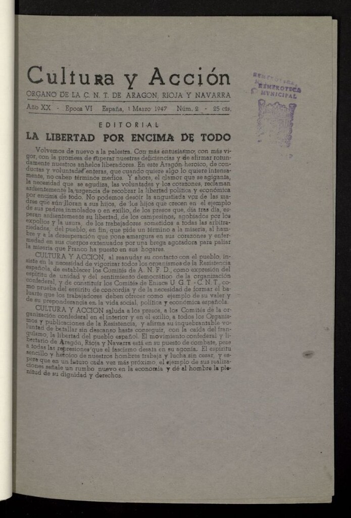Miniatura de Cultura y Acción. Órgano de la C.N.T. de Aragón, Rioja y Navarra del 1 de marzo de 1947