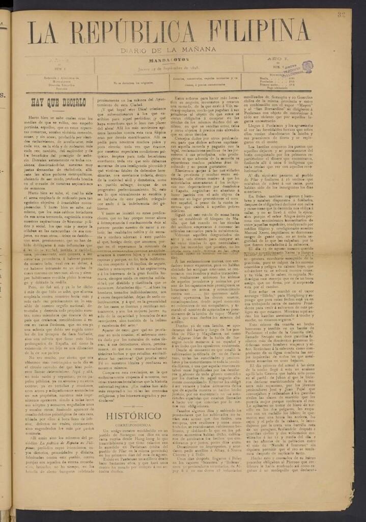Miniatura de La República Filipina: diario de la mañana del 22 de septiembre de 1898, nº 7