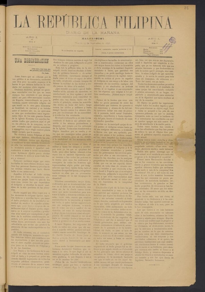 Miniatura de La República Filipina: diario de la mañana del 23 de septiembre de 1898, nº 8