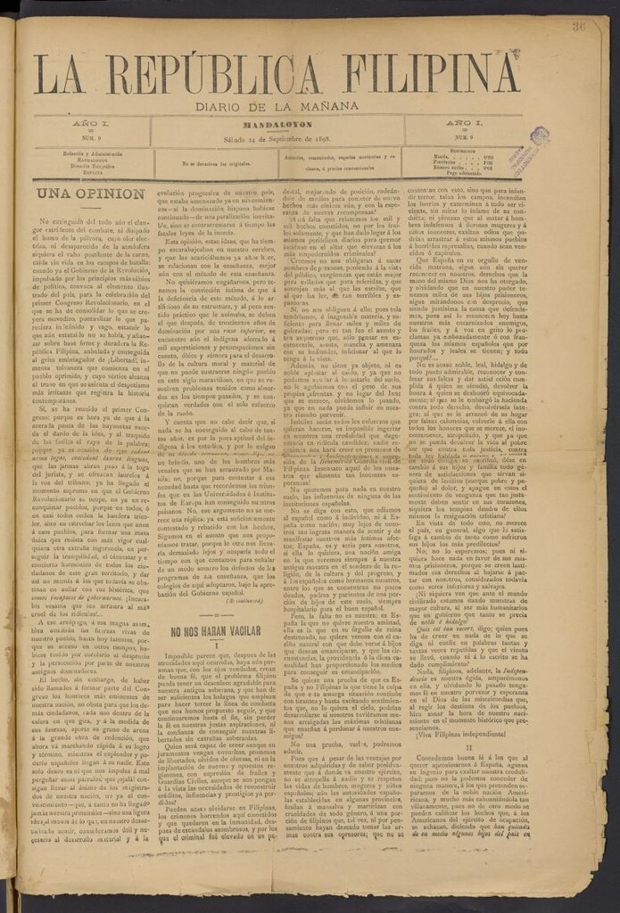 Miniatura de La República Filipina: diario de la mañana del 24 de septiembre de 1898, nº 9