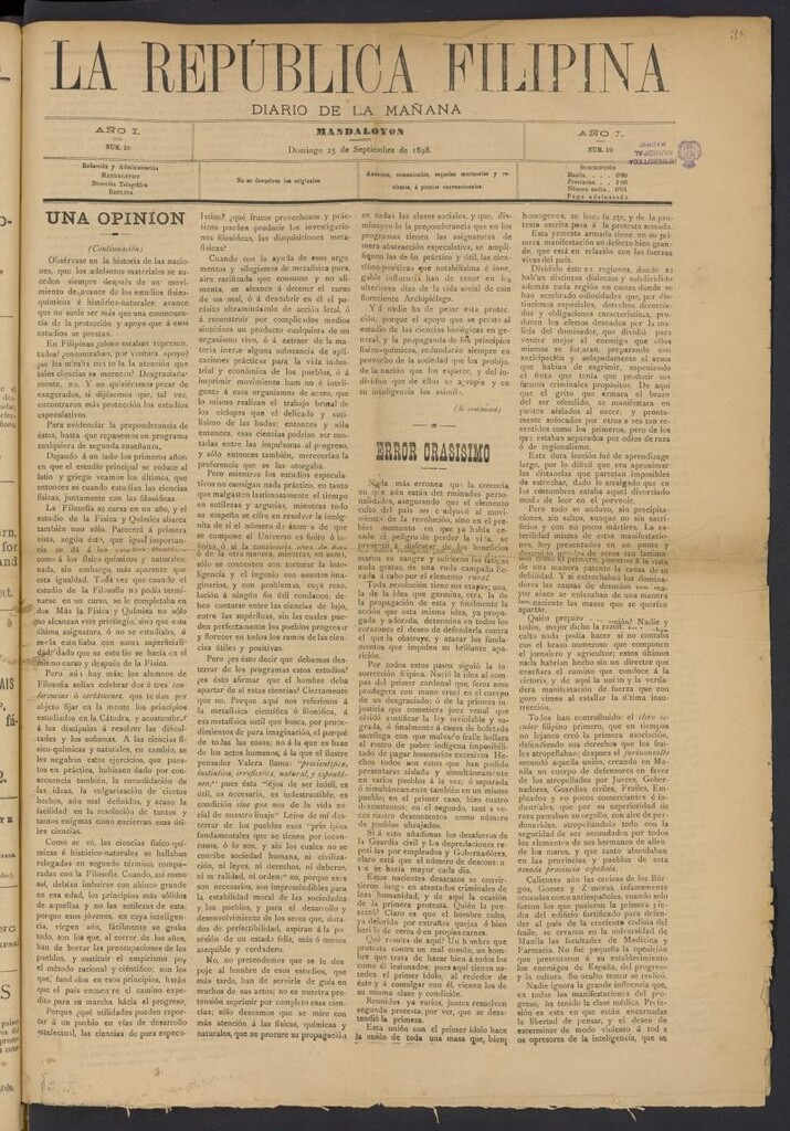 Miniatura de La República Filipina: diario de la mañana del 25 de septiembre de 1898, nº 10