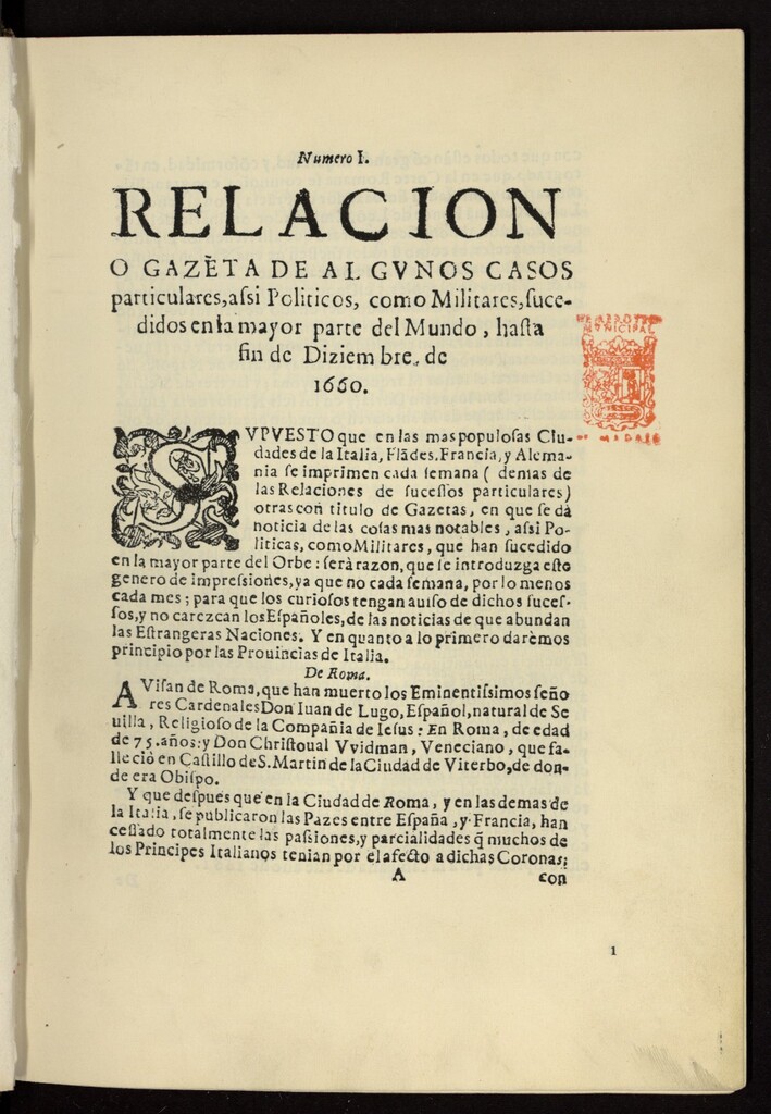 Miniatura de Relación o gazeta de algunos casos particulares, assi políticos, como militares, sucedidos en la mayor parte del mundo, hasta fin de diziembre de 1660, nº 1