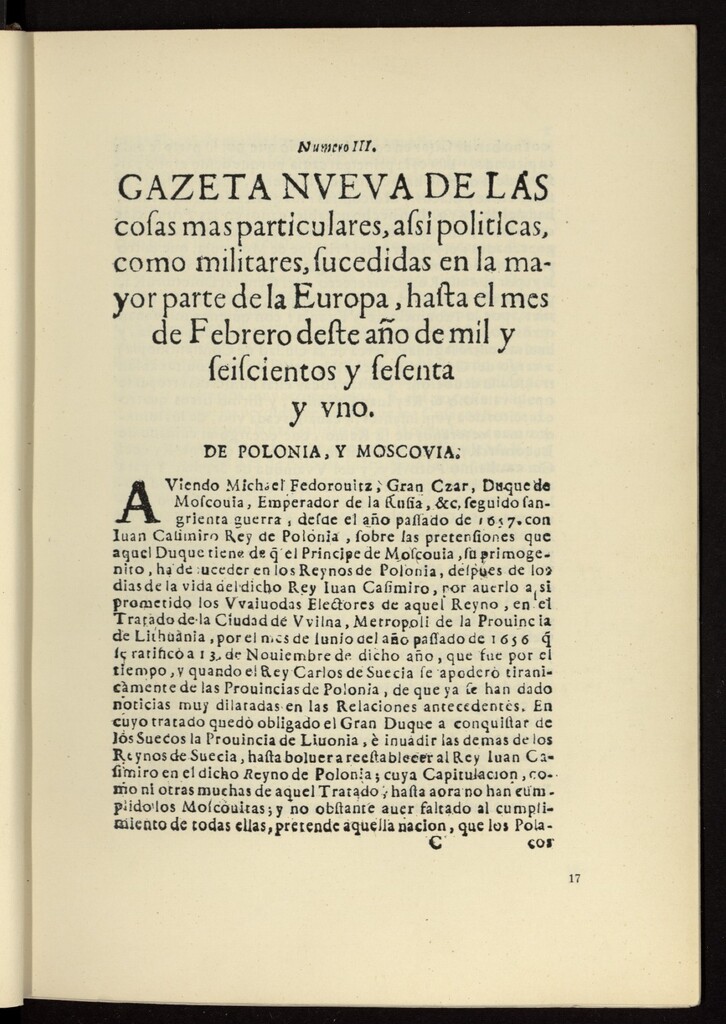 Miniatura de Gazeta nueva de las cosas más particulares, assi políticos, como militares, sucedidos en la mayor parte de la Europa, hasta el mes de febrero de 1661, nº 3
