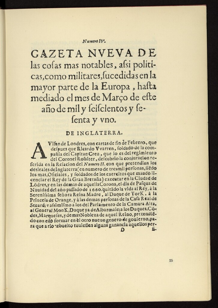 Miniatura de Gazeta nueva de las cosas más notables, assi políticas, como militares, sucedidas en la mayor parte de la Europa, hasta mediado el mes de marzo de 1661, nº 4