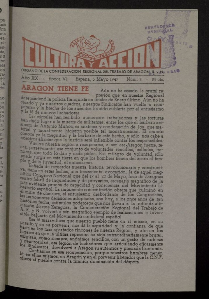Miniatura de Cultura y Acción. Órgano de la C.N.T. de Aragón, Rioja y Navarra del 5 de mayo de 1947