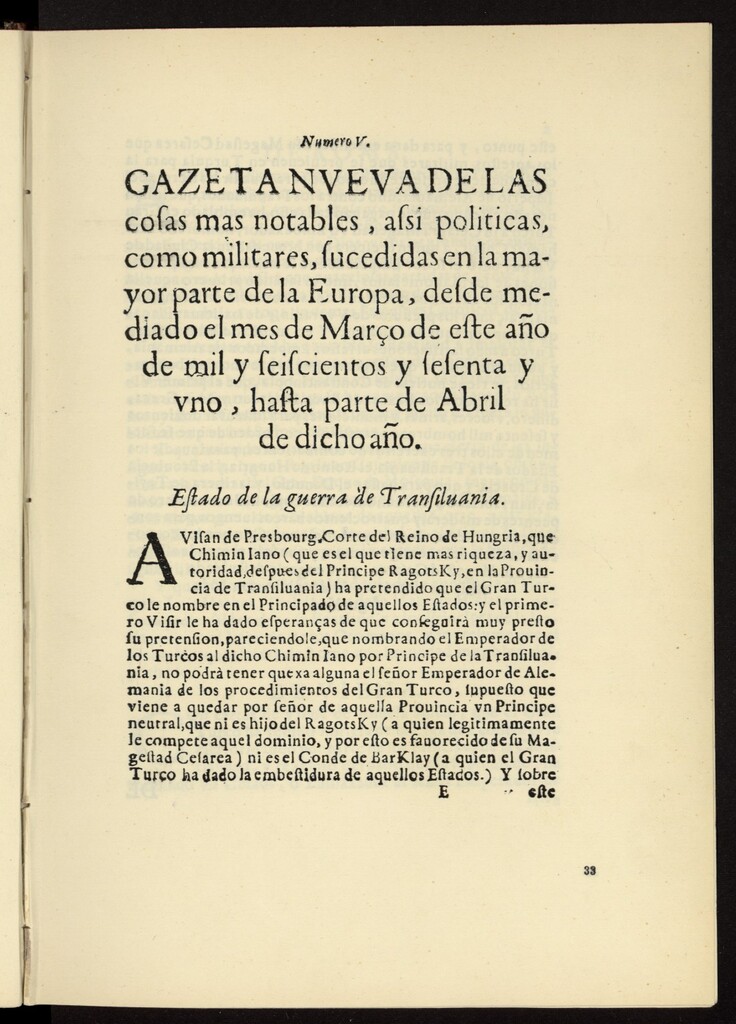 Miniatura de Gazeta nueva de las cosas más notables, assi políticas, como militares, sucedidas en la mayor parte de la Europa, desde mediado el mes de marzo de este año de 1661, hasta parte de abril de dicho año, nº 5
