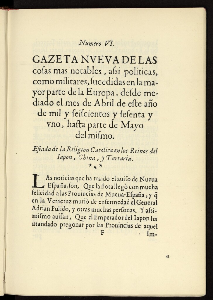 Miniatura de Gazeta nueva de las cosas más notables, assi políticas, como militares, sucedidas en la mayor parte de la Europa, desde mediado el mes de abril de este año de 1661, hasta parte de mayo del mismo, nº 6