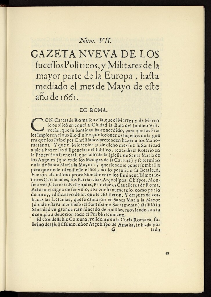 Miniatura de Gazeta nueva de los sucessos políticos, y militares de la mayor parte de la Europa, hasta mediado el mes de mayo de este año de 1661, nº 7