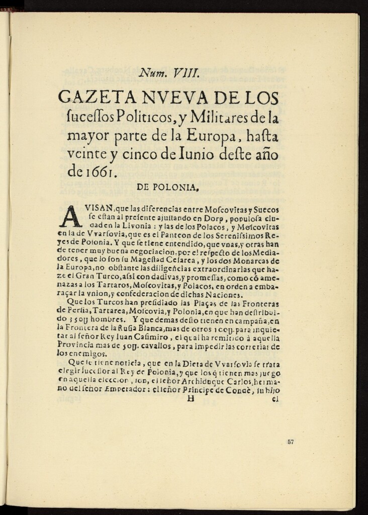 Miniatura de Gazeta nueva de los sucessos políticos, y militares de la mayor parte de la Europa, hasta 25 de junio de este año de 1661, nº 8