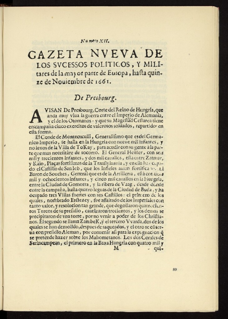 Miniatura de Gazeta nueva de los sucessos políticos, y militares de la mayor parte de la Europa, hasta 15 de noviembre de 1661, nº 12
