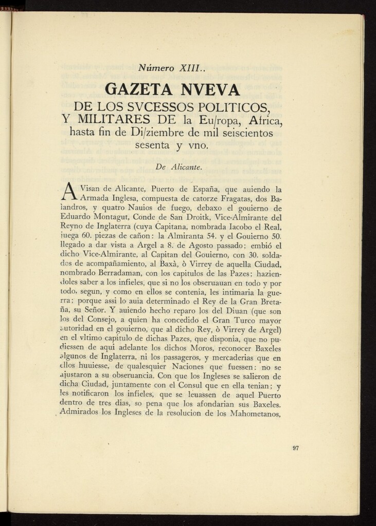 Miniatura de Gazeta nueva de los sucessos políticos, y militares de la mayor parte de la Europa, Africa, hasta fin de diciembre de 1661, nº 13