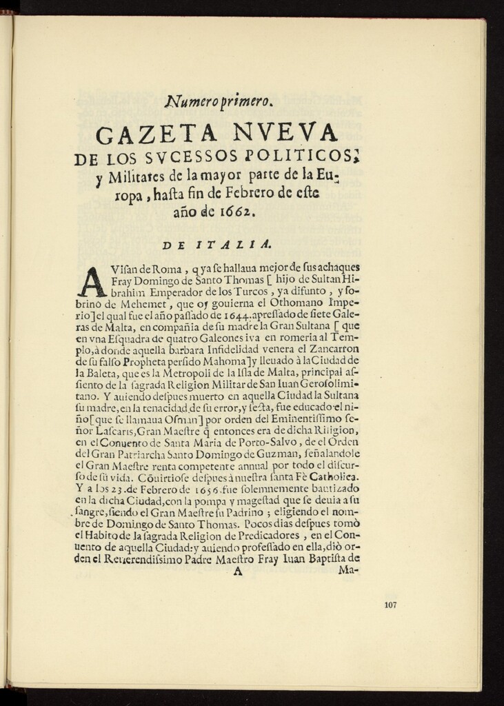 Miniatura de Gazeta nueva de los sucessos políticos, y militares de la mayor parte de la Europa, hasta fin de febrero de este año de 1662, nº 1