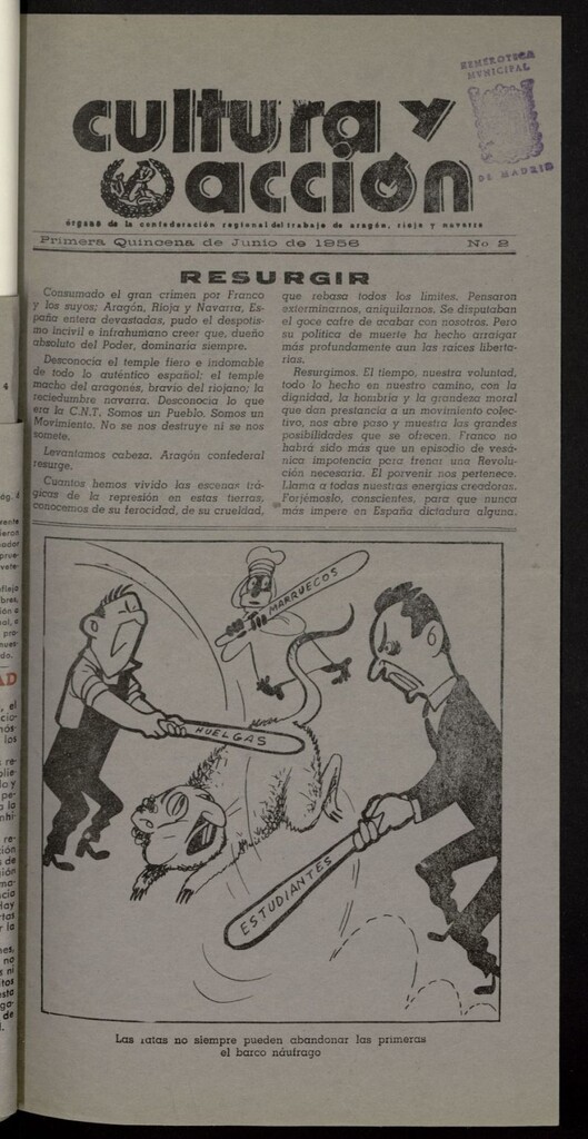 Miniatura de Cultura y Acción. Órgano de la C.N.T. de Aragón, Rioja y Navarra de la 1ª quincena de junio de 1956