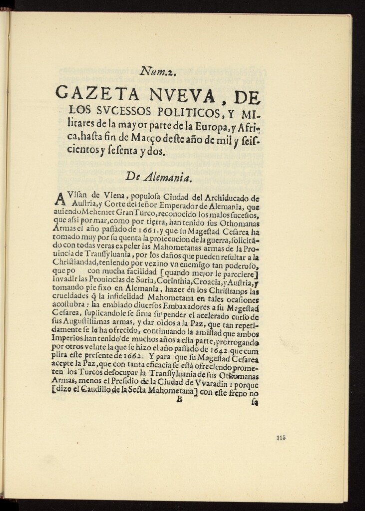 Miniatura de Gazeta nueva de los sucessos políticos, y militares de la mayor parte de la Europa, y Africa, hasta fin de marzo de este año de 1662, nº 2