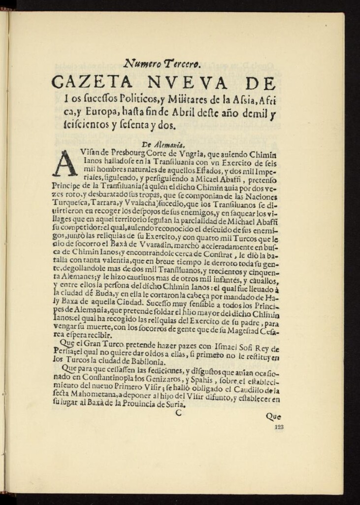 Miniatura de Gazeta nueva de los sucessos políticos, y militares de la Assia, Africa, y Europa, hasta fin de abril de este año de 1662, nº 3