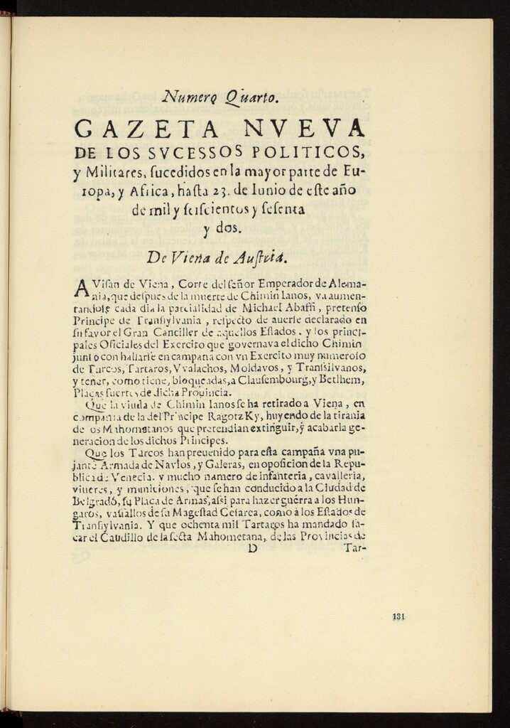 Miniatura de Gazeta nueva de los sucessos políticos, y militares de la mayor parte de la Europa, y Africa, hasta 23 de junio de este año de 1662, nº 4