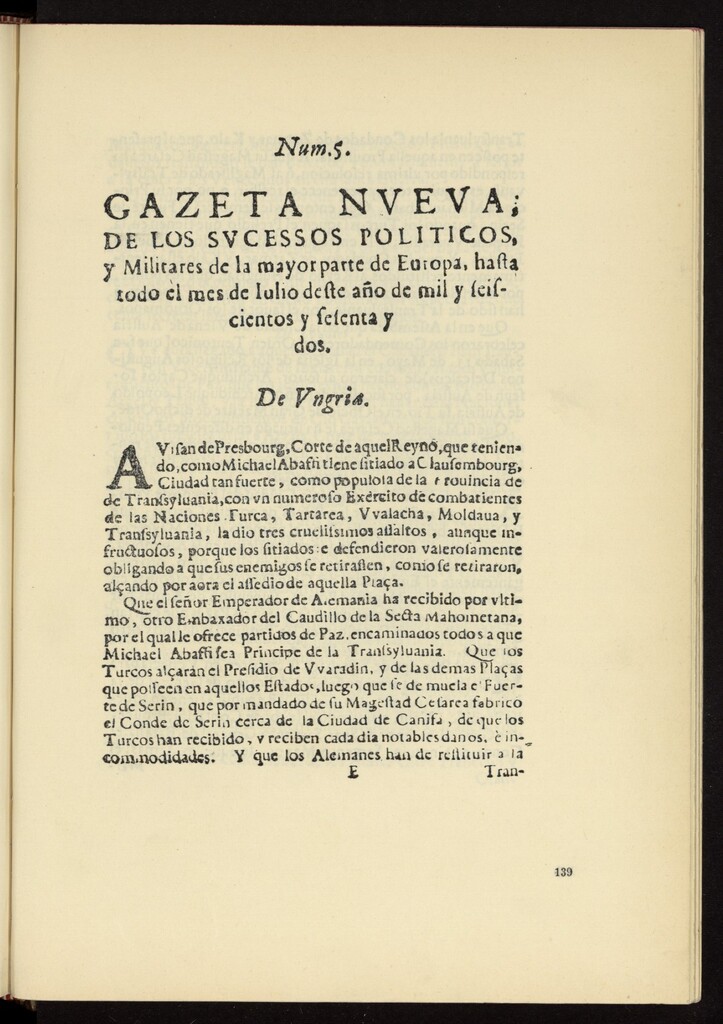 Miniatura de Gazeta nueva de los sucessos políticos, y militares de la mayor parte de la Europa, hasta todo el mes de julio de este año de 1662, nº 5