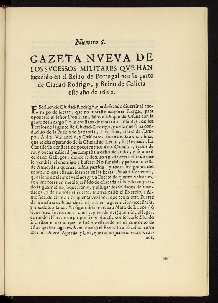 Miniatura de Gazeta nueva de los sucessos militares que han sucedido en el Reino de Portugal por la parte de Ciudad Rodrigo, y Reino de Galicia este año de 1662, nº 6