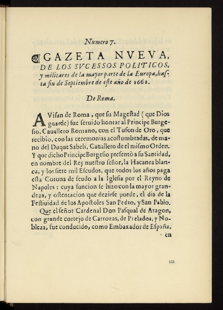 Miniatura de Gazeta nueva de los sucessos políticos, y militares de la mayor parte de la Europa, hasta fin de septiembre de este año de 1662, nº 7