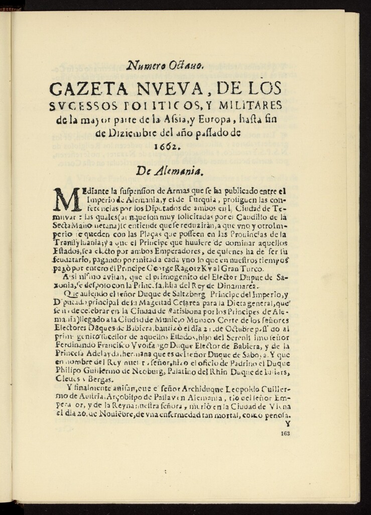 Miniatura de Gazeta nueva de los sucessos políticos, y militares de la mayor parte de la Assia, y Europa, hasta fin de diciembre del año pasado de 1662, nº 8