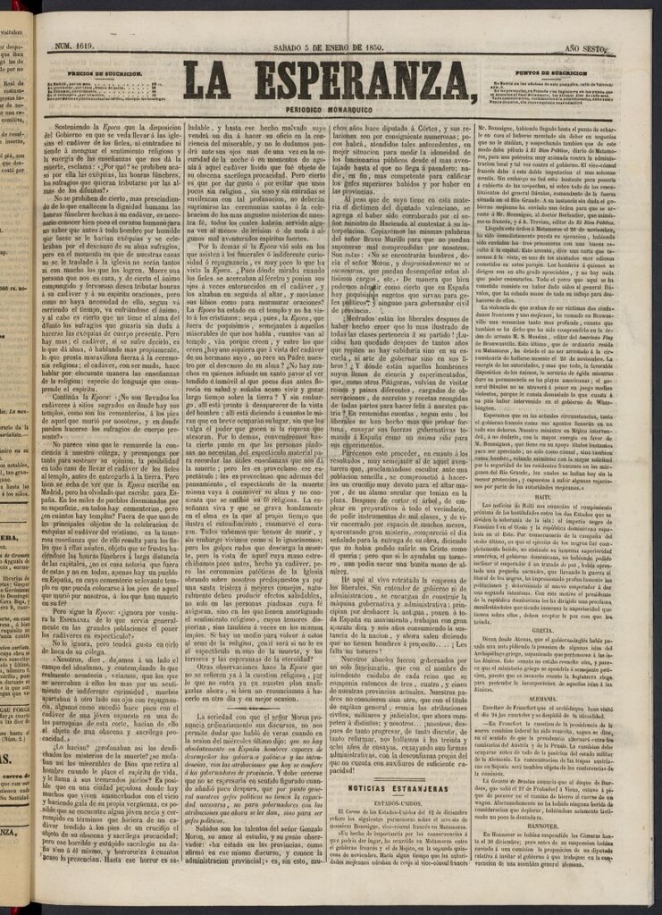 Miniatura de La Esperanza: periódico monárquico del 5 de enero de 1850, nº 1619