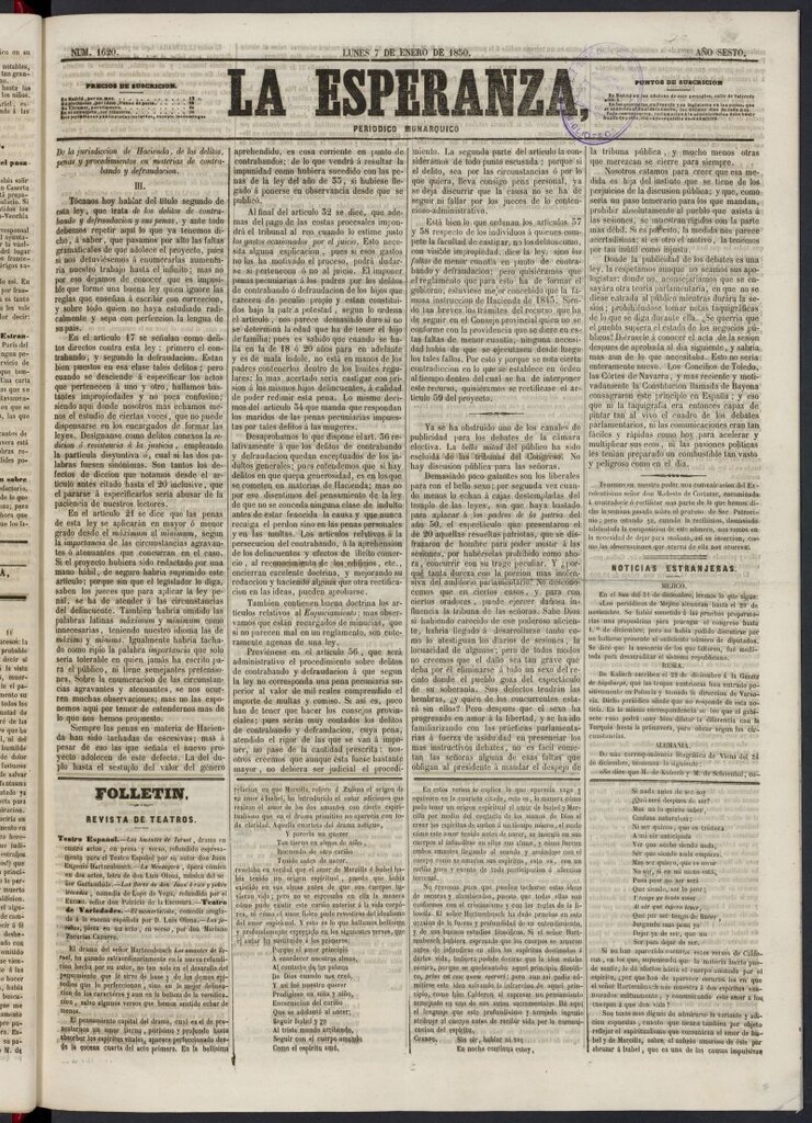 Miniatura de La Esperanza: periódico monárquico del 7 de enero de 1850, nº 1620