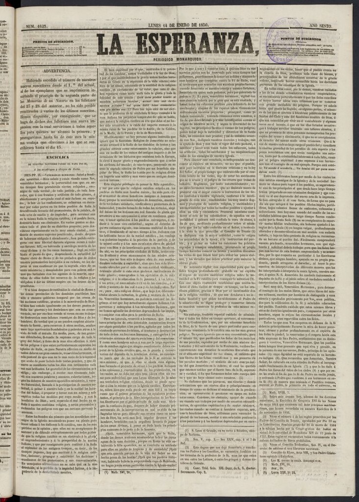 Miniatura de La Esperanza: periódico monárquico del 14 de enero de 1850, nº 1625