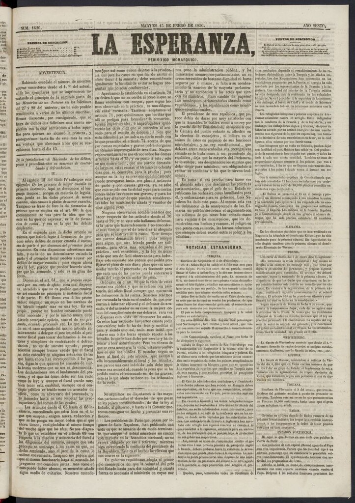 Miniatura de La Esperanza: periódico monárquico del 15 de enero de 1850, nº 1626