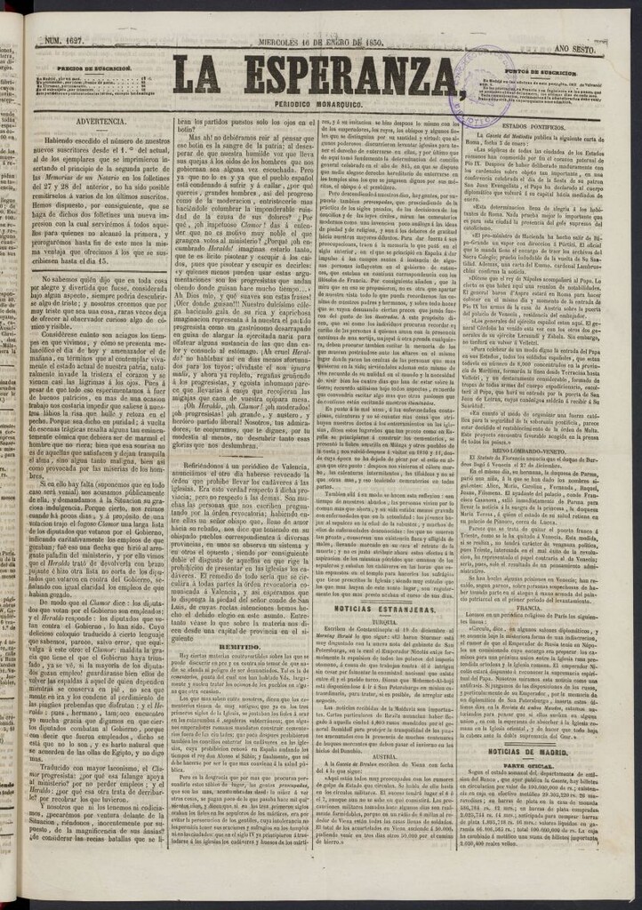 Miniatura de La Esperanza: periódico monárquico del 16 de enero de 1850, nº 1627