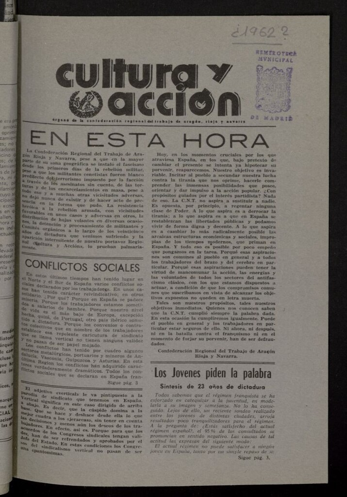 Miniatura de Cultura y Acción. Órgano de la C.N.T. de Aragón, Rioja y Navarra de 1962