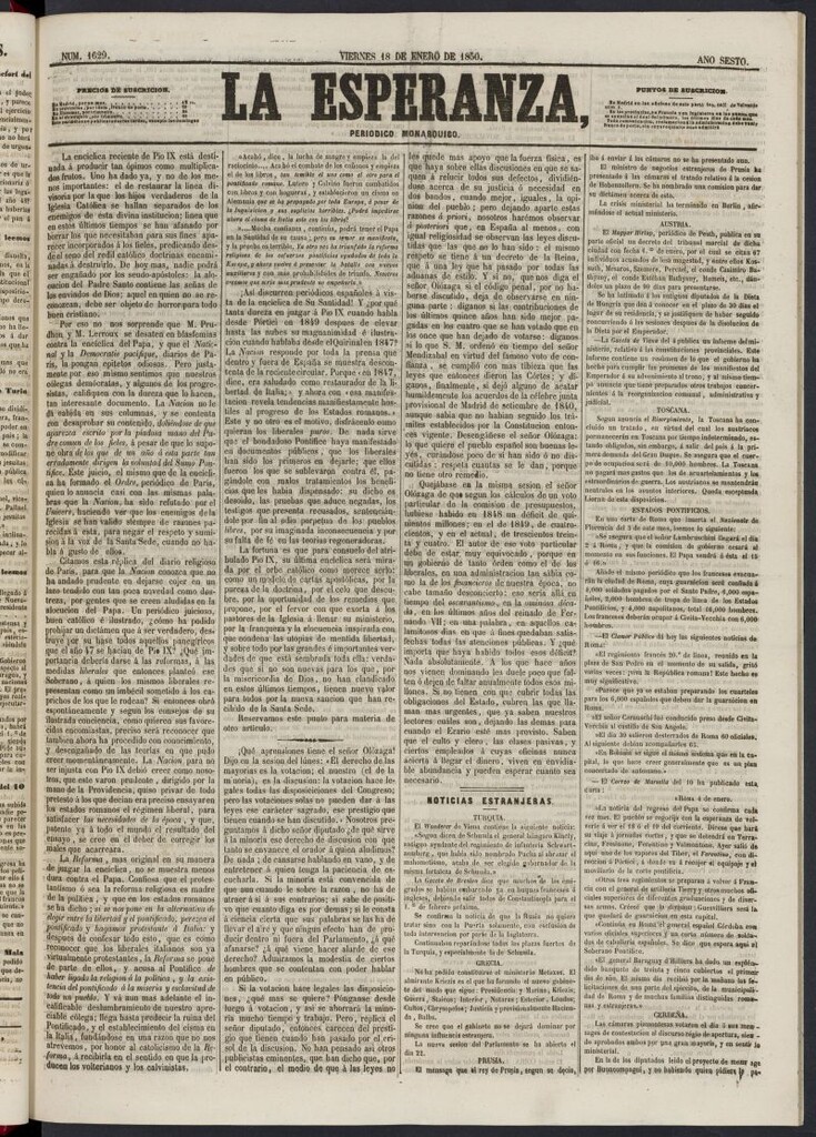 Miniatura de La Esperanza: periódico monárquico del 18 de enero de 1850, nº 1629