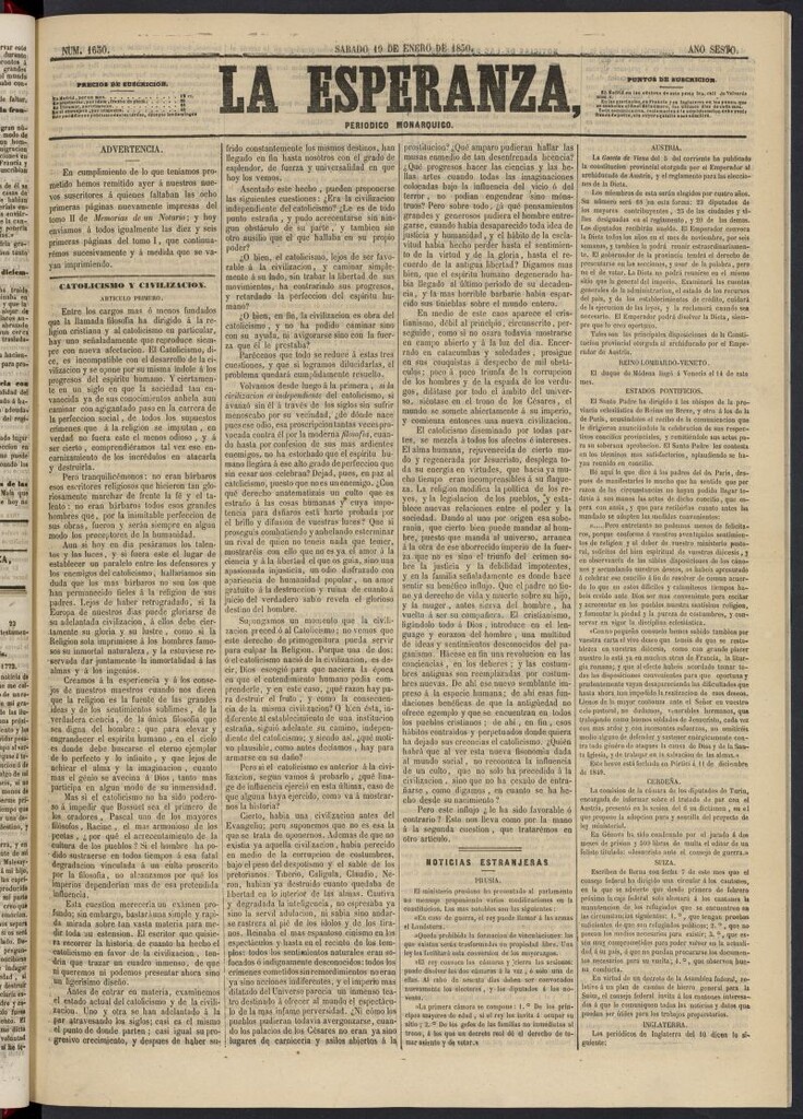 Miniatura de La Esperanza: periódico monárquico del 19 de enero de 1850, nº 1630