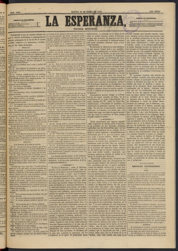 Miniatura de La Esperanza: periódico monárquico del 22 de enero de 1850, nº 1632