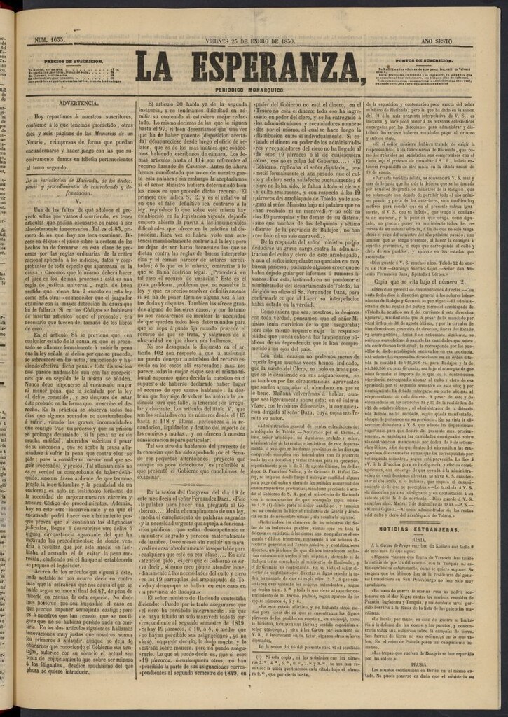 Miniatura de La Esperanza: periódico monárquico del 25 de enero de 1850, nº 1635