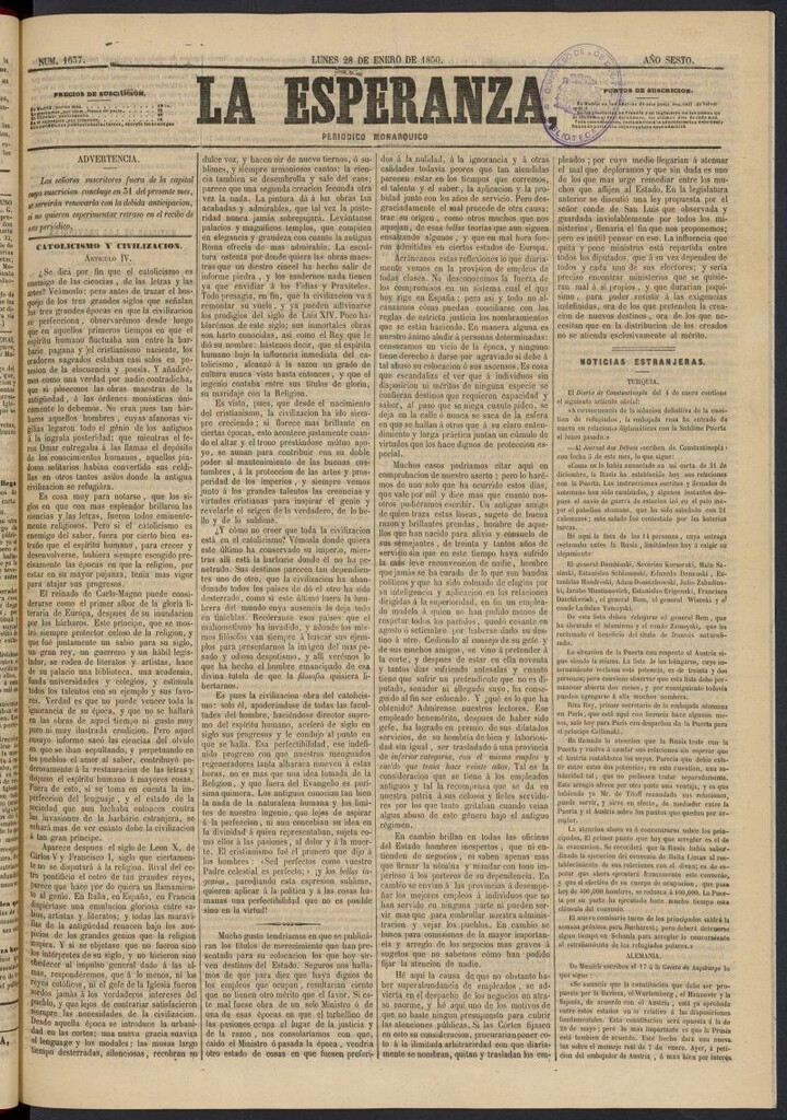Miniatura de La Esperanza: periódico monárquico del 28 de enero de 1850, nº 1637