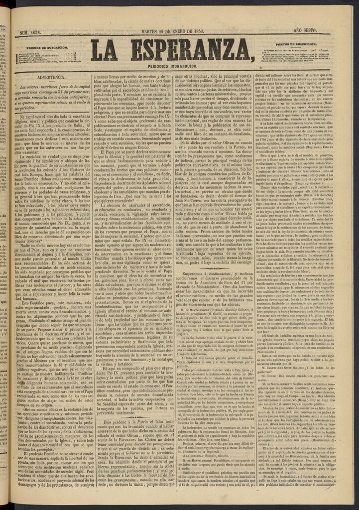 Miniatura de La Esperanza: periódico monárquico del 29 de enero de 1850, nº 1638