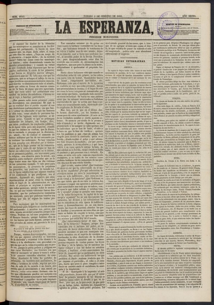 Miniatura de La Esperanza: periódico monárquico del 2 de febrero de 1850, nº 1642