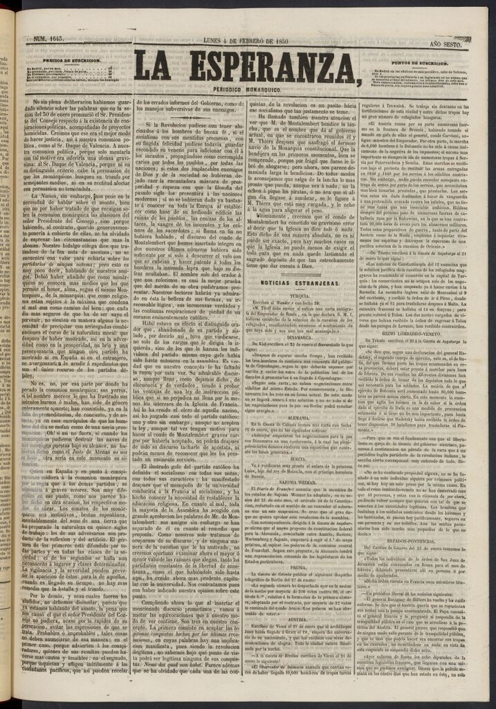 Miniatura de La Esperanza: periódico monárquico del 4 de febrero de 1850, nº 1643