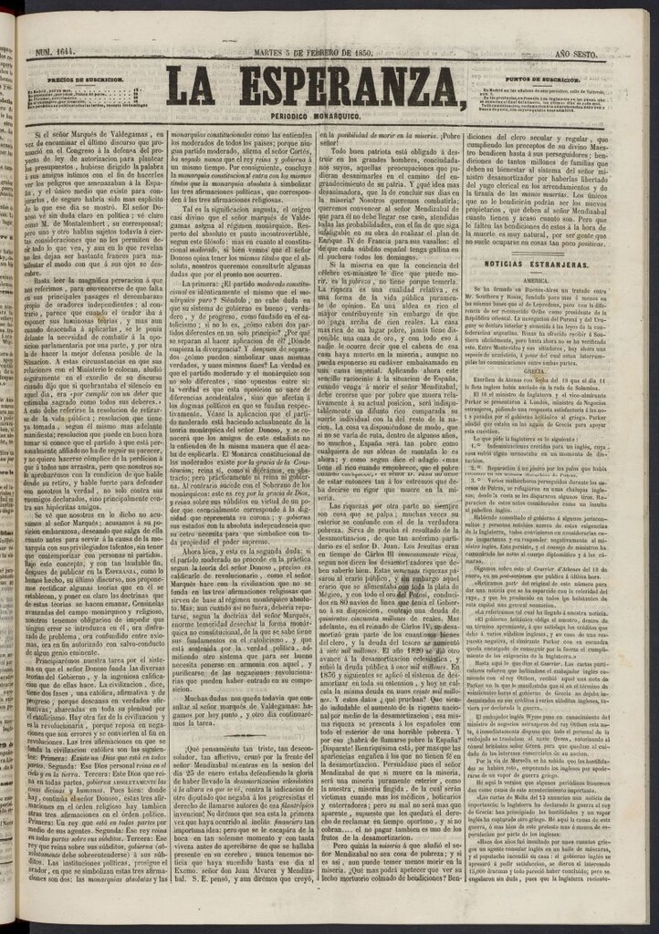 Miniatura de La Esperanza: periódico monárquico del 5 de febrero de 1850, nº 1644