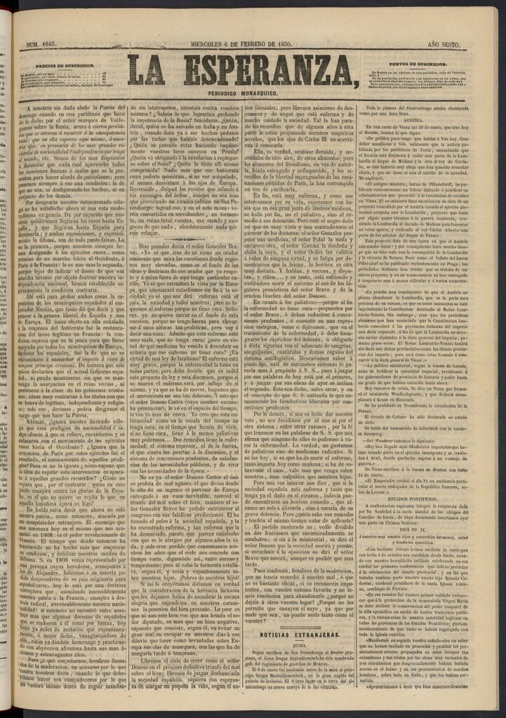 Miniatura de La Esperanza: periódico monárquico del 6 de febrero de 1850, nº 1645