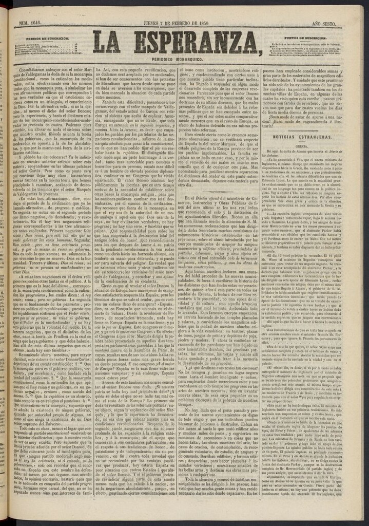Miniatura de La Esperanza: periódico monárquico del 7 de febrero de 1850, nº 1646