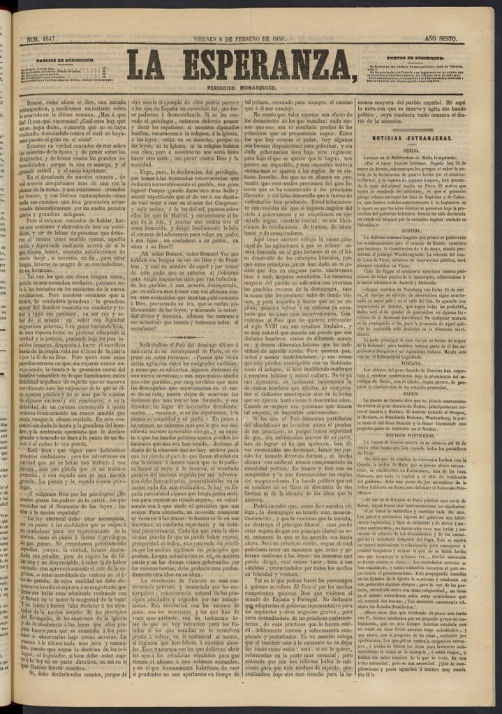 Miniatura de La Esperanza: periódico monárquico del 8 de febrero de 1850, nº 1647